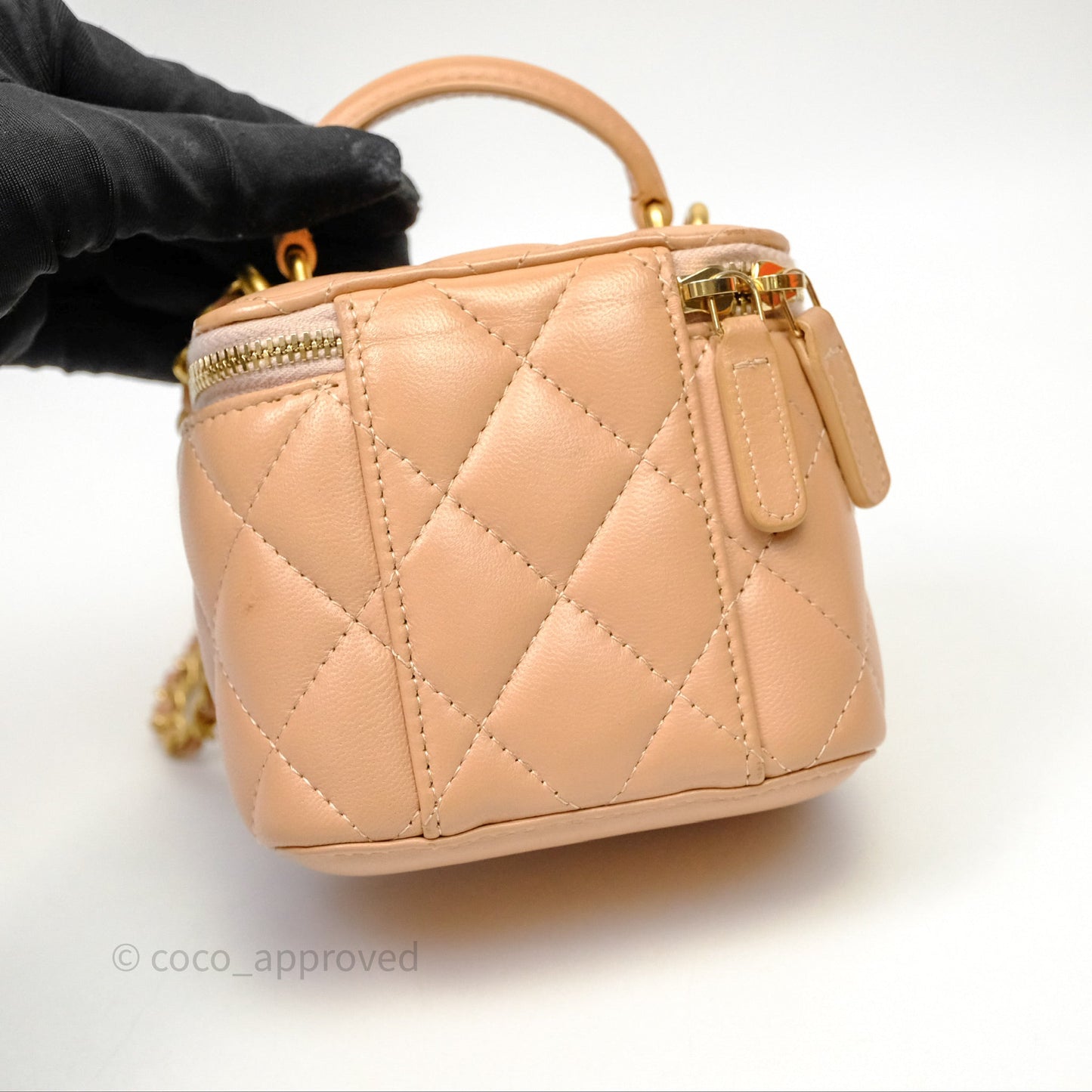 Chanel Mini Top Handle Vanity With Chain Beige Lambskin Aged Gold Hardware