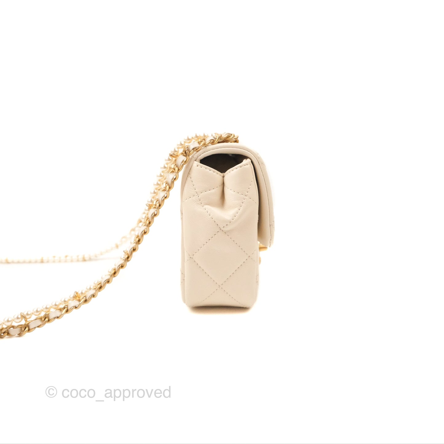 Chanel Mini Rectangular With Pearl Strap Quilted White Goatskin Aged Gold Hardware