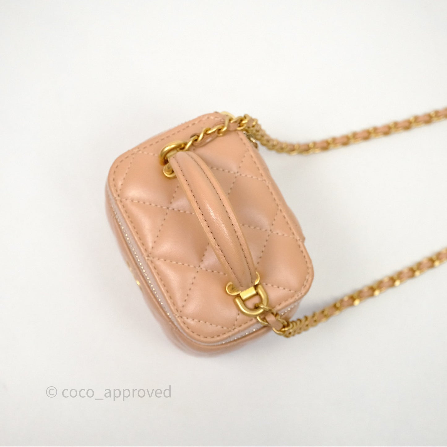 Chanel Mini Top Handle Vanity With Chain Beige Lambskin Aged Gold Hardware