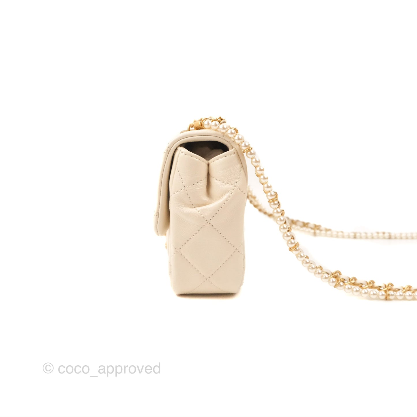 Chanel Mini Rectangular With Pearl Strap Quilted White Goatskin Aged Gold Hardware