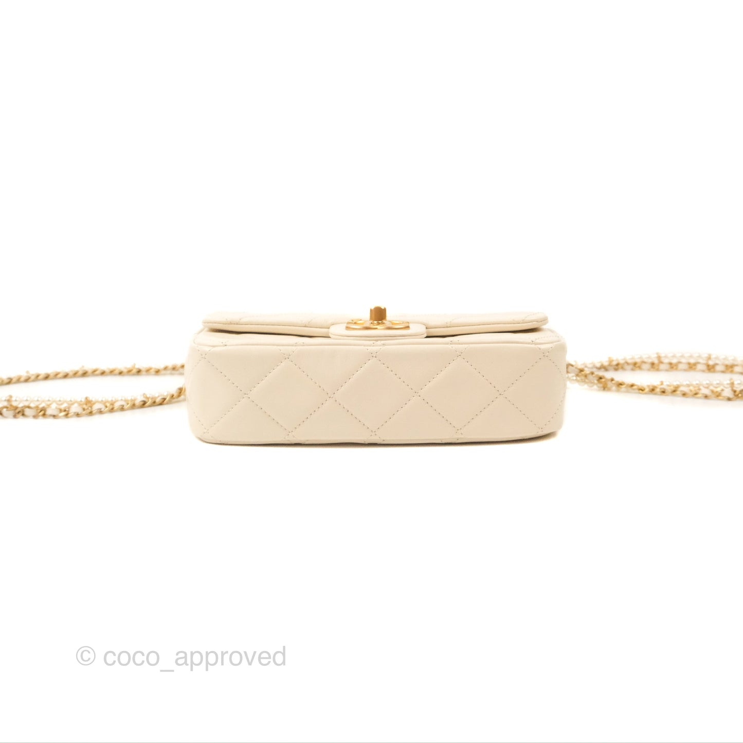 Chanel Mini Rectangular With Pearl Strap Quilted White Goatskin Aged Gold Hardware