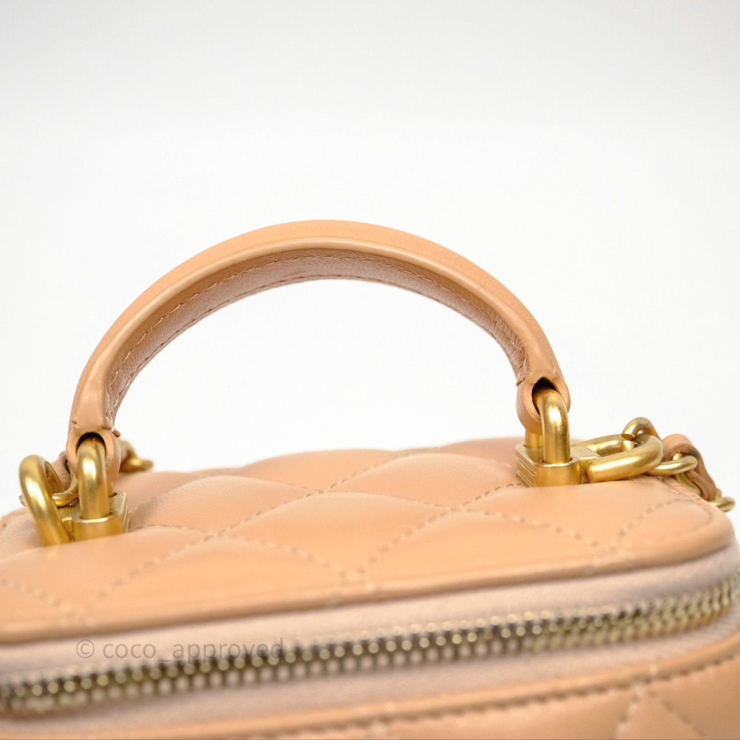 Chanel Mini Top Handle Vanity With Chain Beige Lambskin Aged Gold Hardware