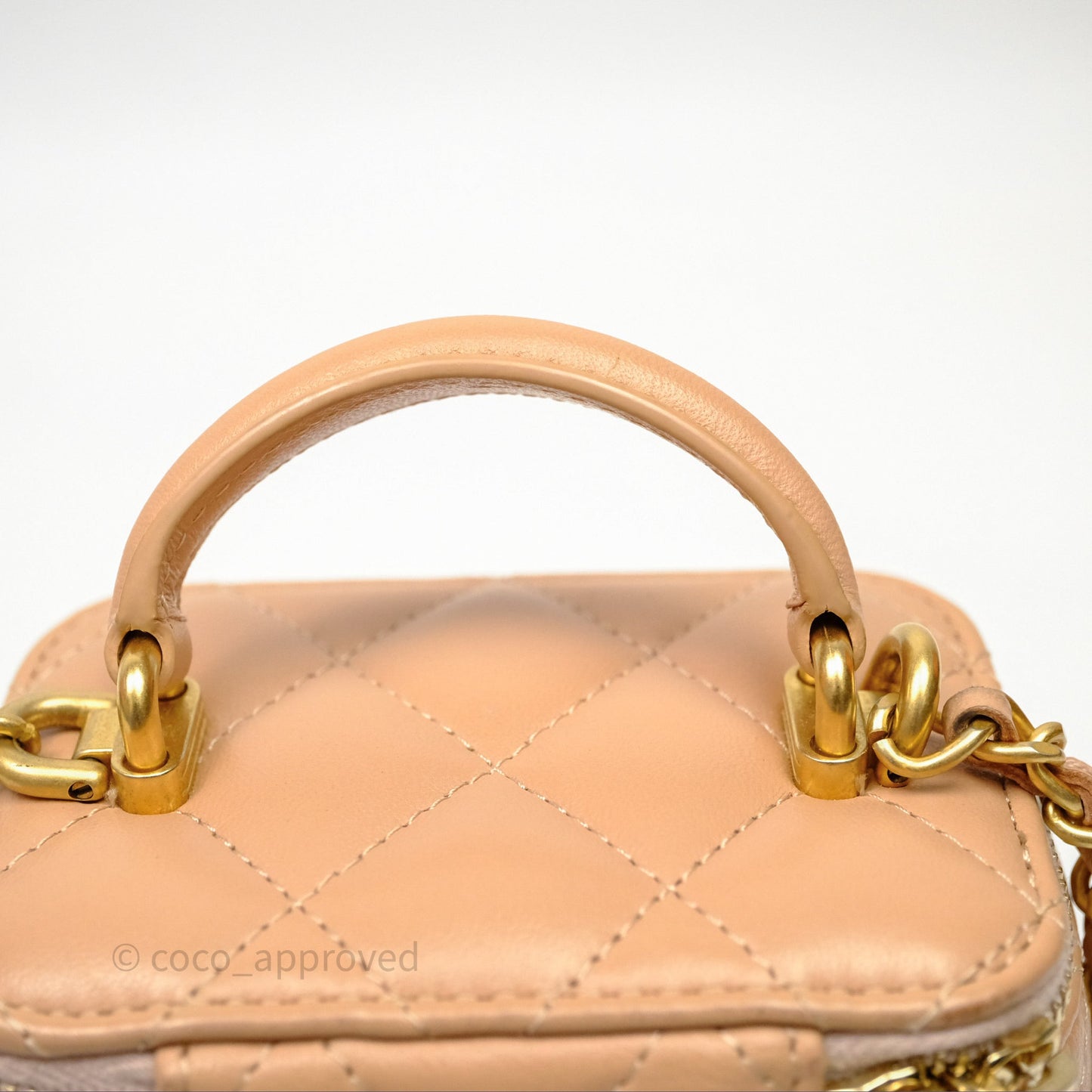 Chanel Mini Top Handle Vanity With Chain Beige Lambskin Aged Gold Hardware