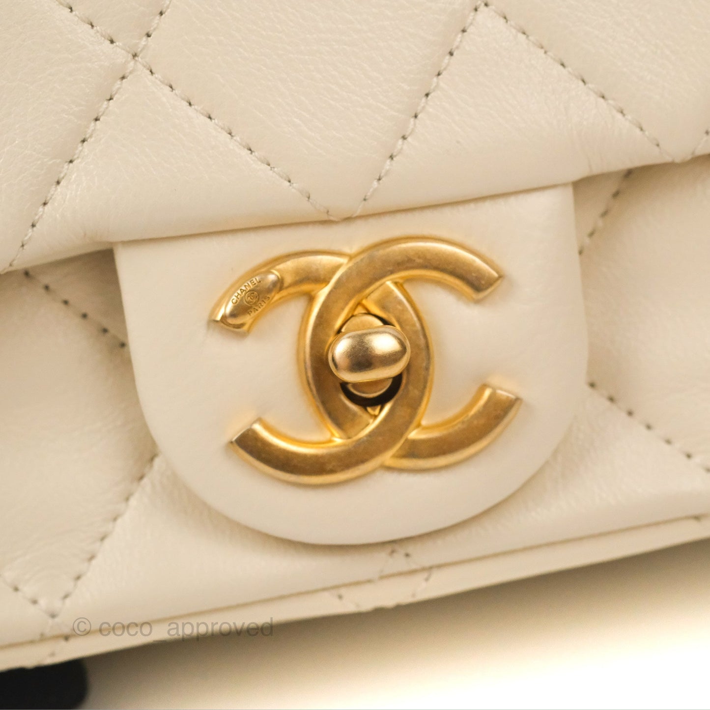 Chanel Mini Rectangular With Pearl Strap Quilted White Goatskin Aged Gold Hardware