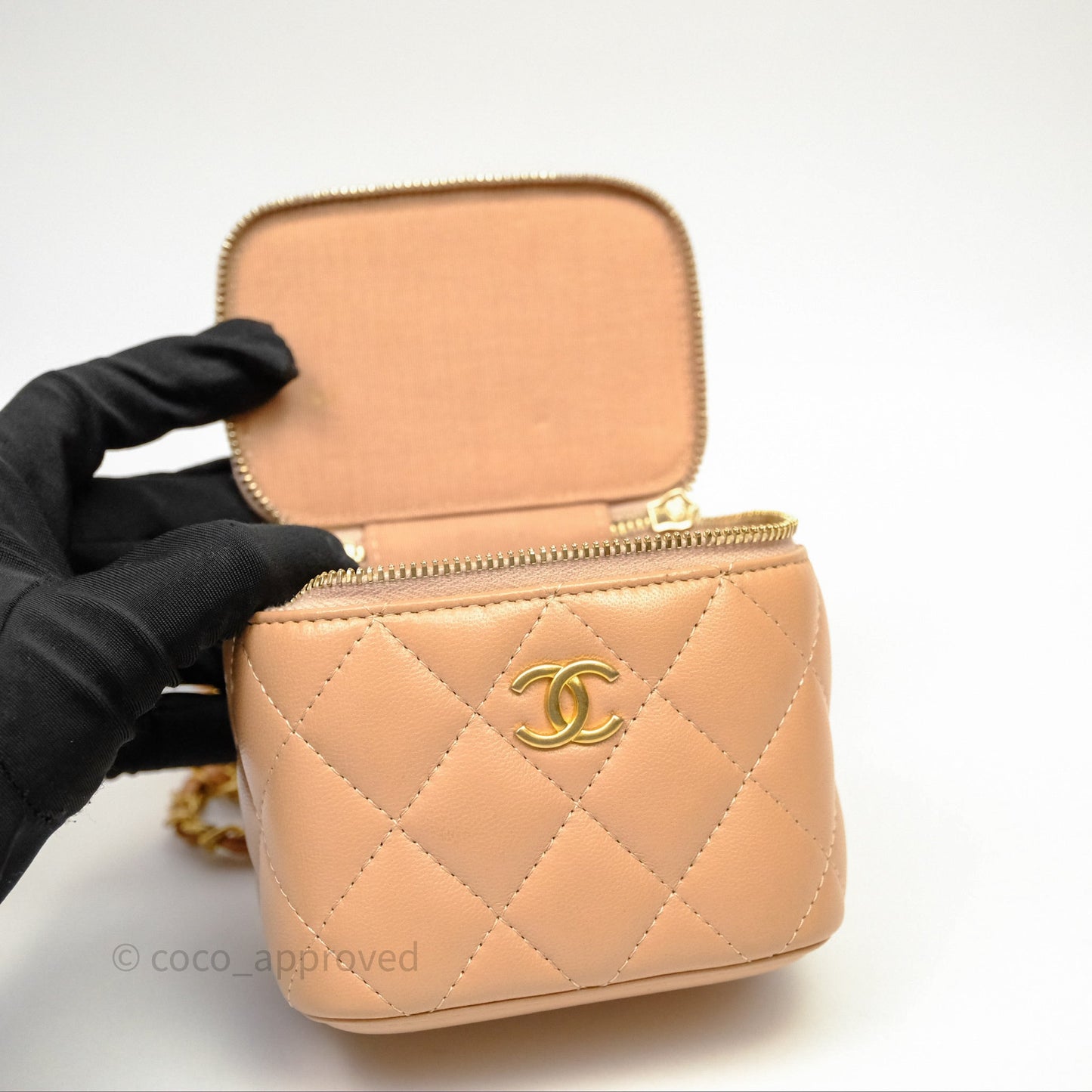 Chanel Mini Top Handle Vanity With Chain Beige Lambskin Aged Gold Hardware