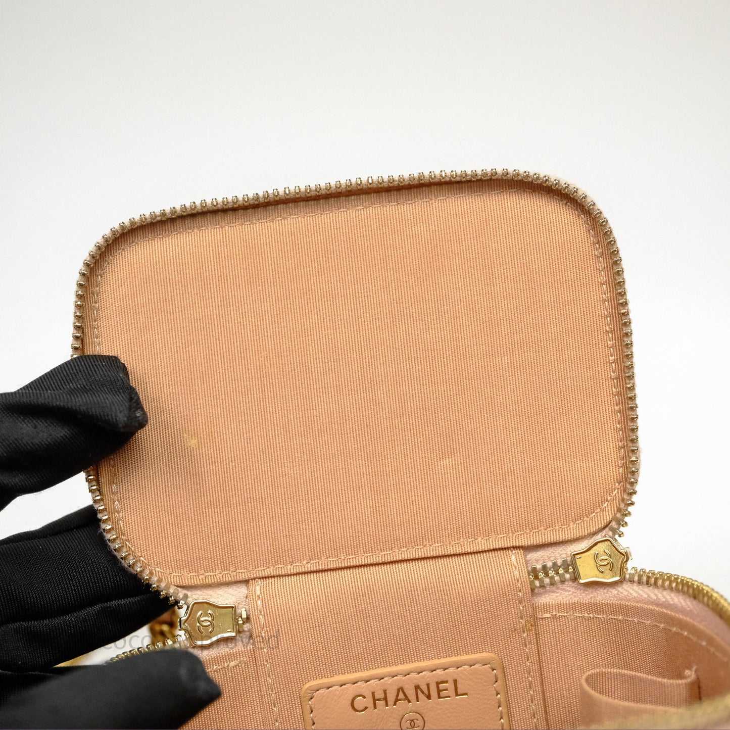Chanel Mini Top Handle Vanity With Chain Beige Lambskin Aged Gold Hardware