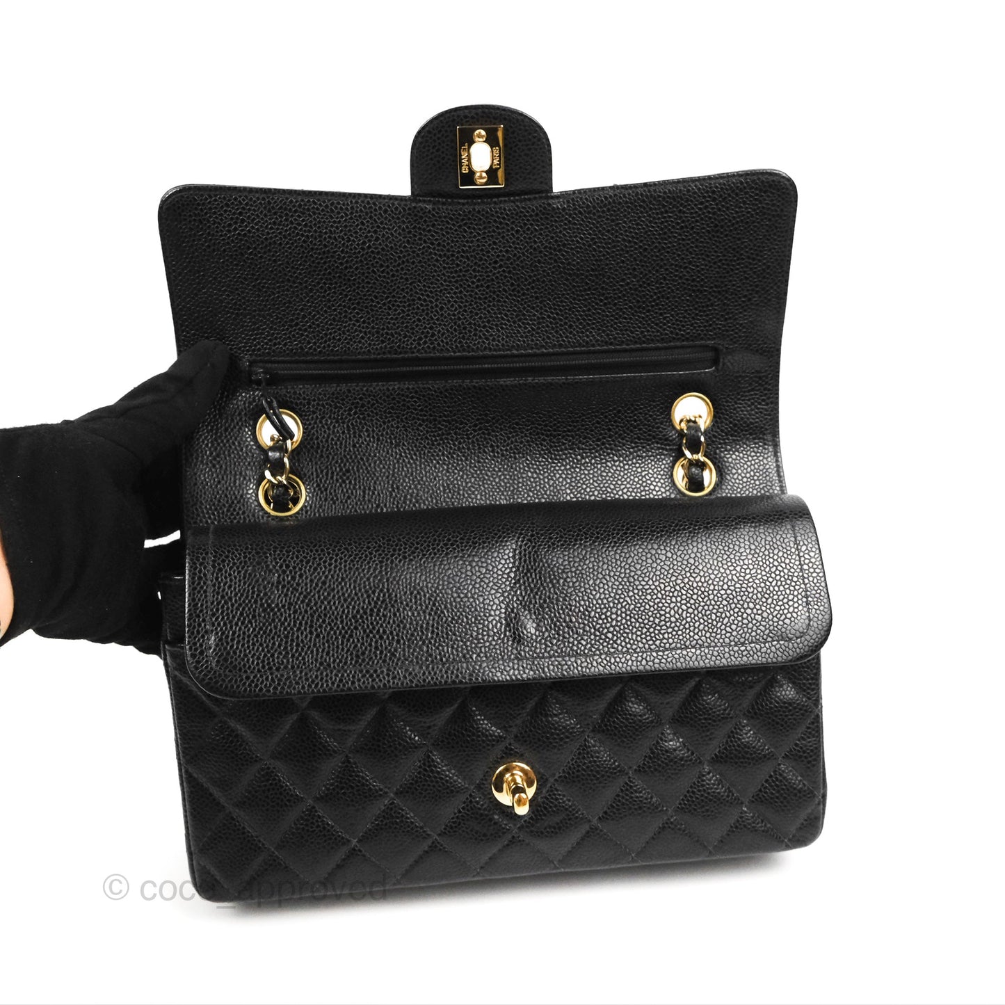 Chanel Vintage Classic M/L Medium Double Flap Black Caviar 24K Gold Hardware