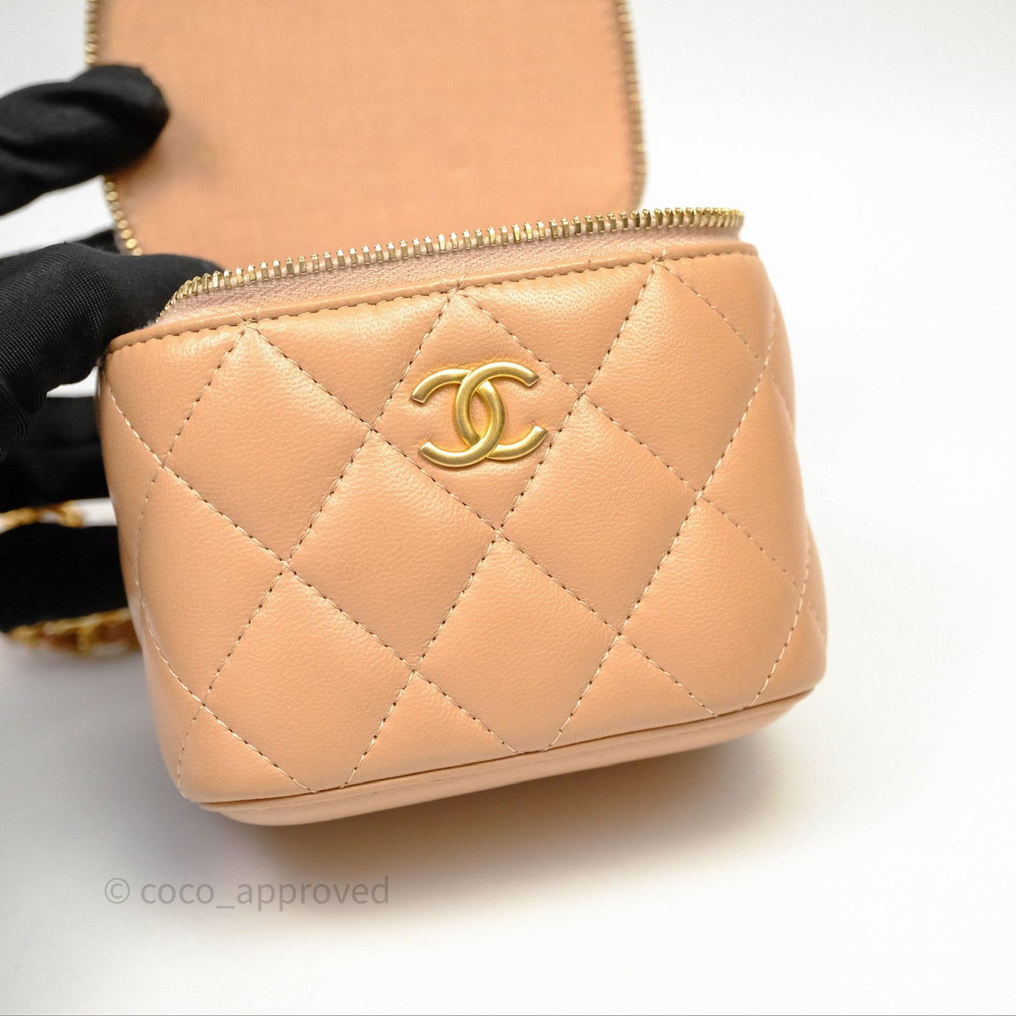 Chanel Mini Top Handle Vanity With Chain Beige Lambskin Aged Gold Hardware