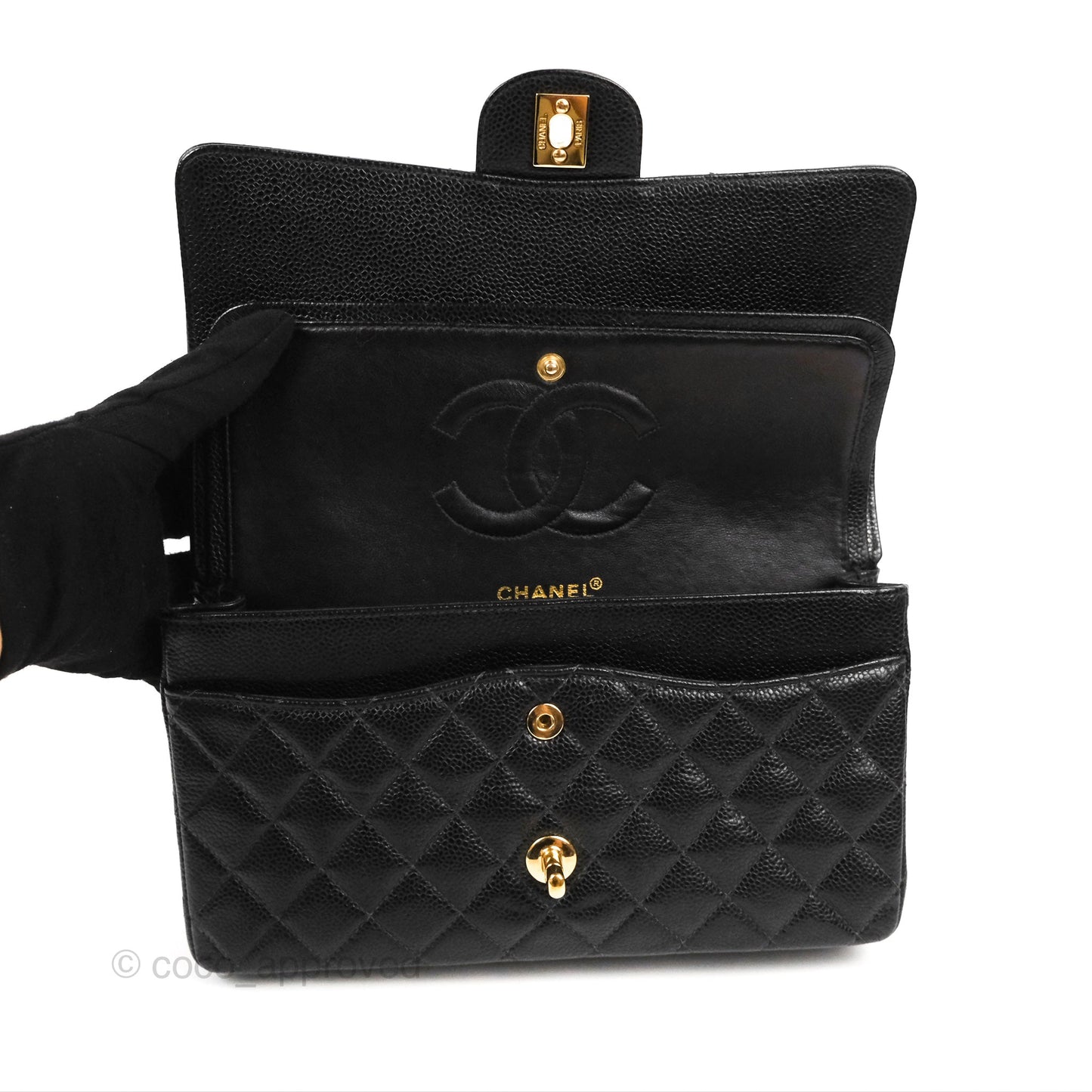 Chanel Vintage Classic M/L Medium Double Flap Black Caviar 24K Gold Hardware