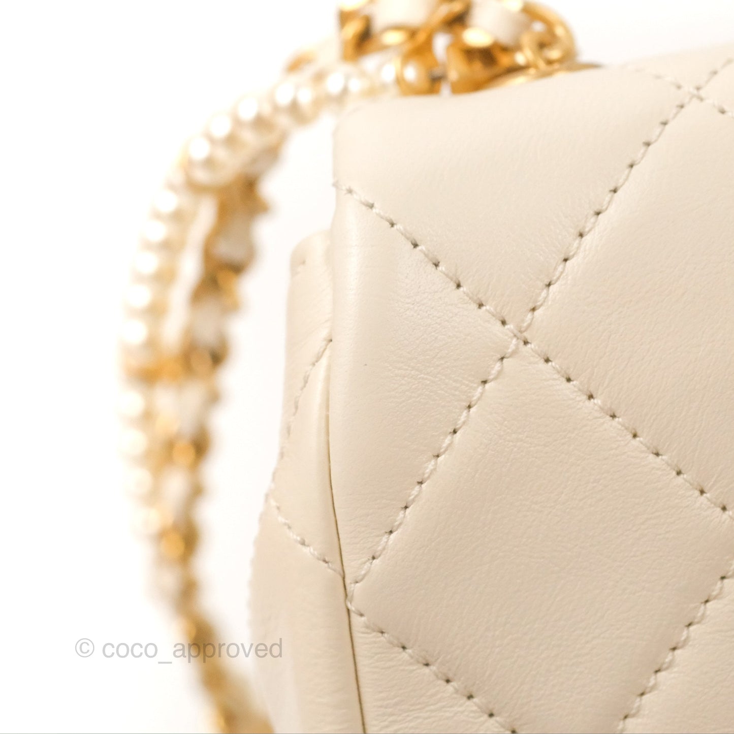 Chanel Mini Rectangular With Pearl Strap Quilted White Goatskin Aged Gold Hardware