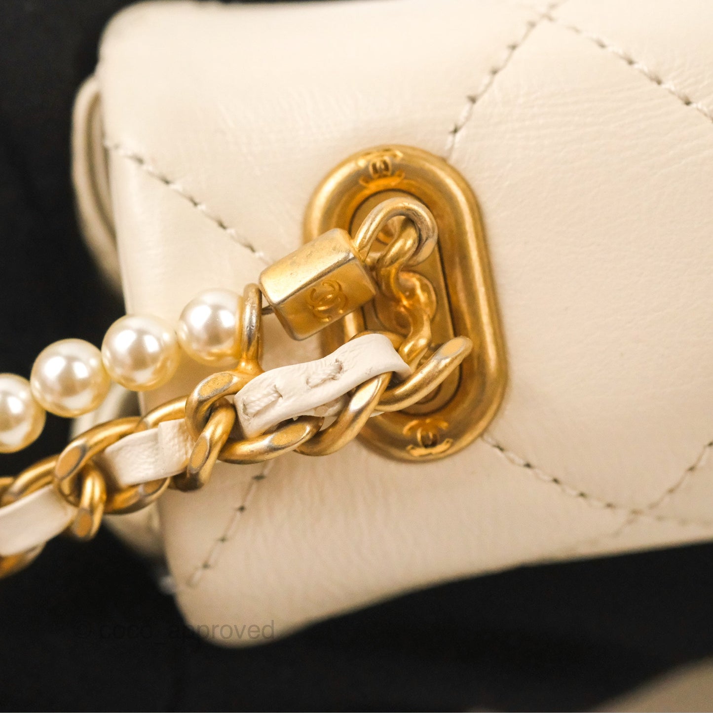 Chanel Mini Rectangular With Pearl Strap Quilted White Goatskin Aged Gold Hardware