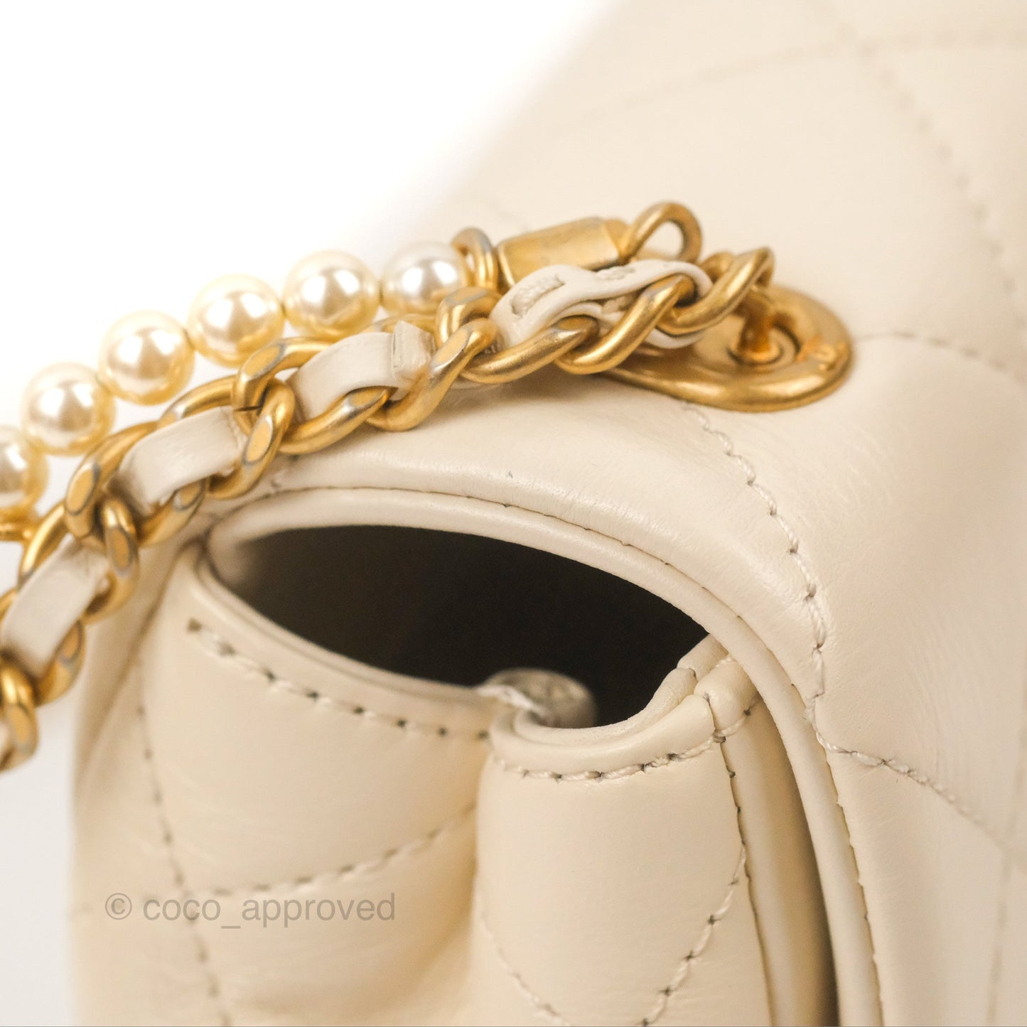 Chanel Mini Rectangular With Pearl Strap Quilted White Goatskin Aged Gold Hardware