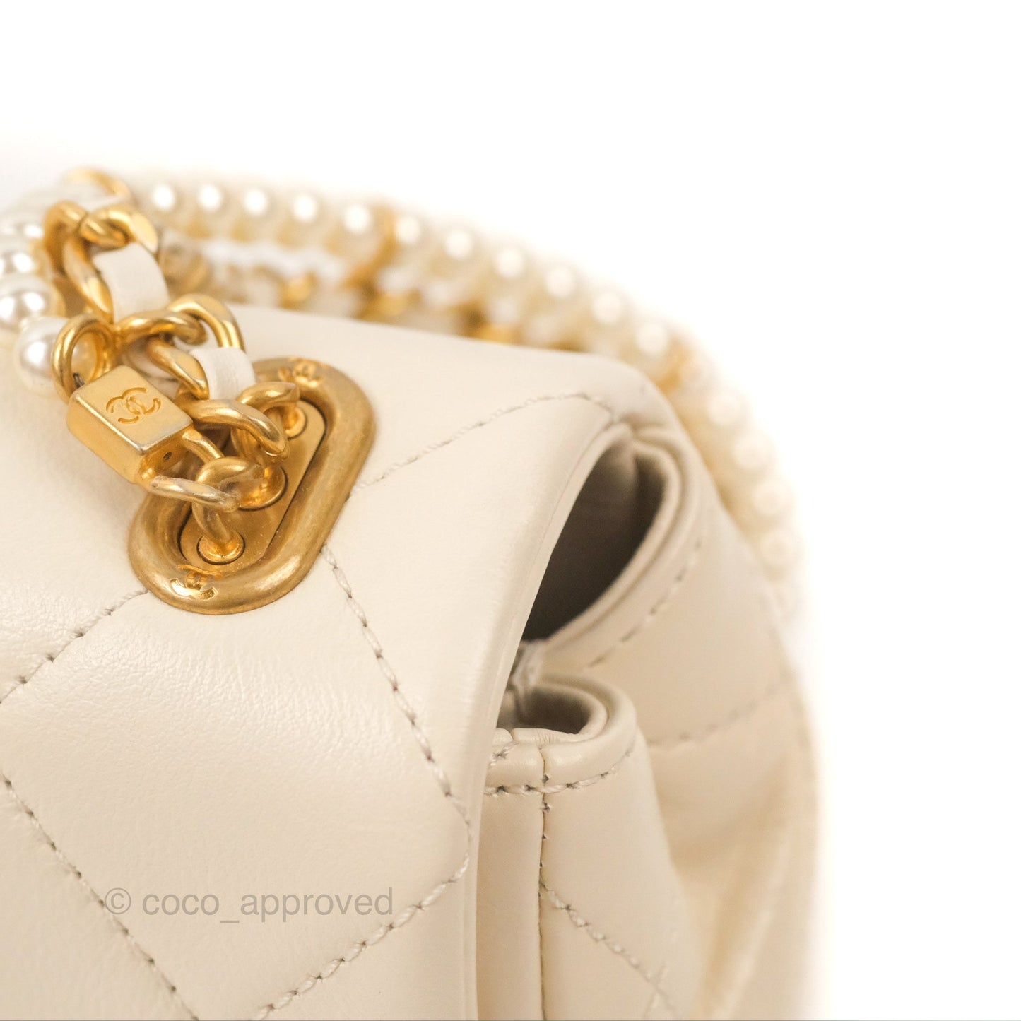 Chanel Mini Rectangular With Pearl Strap Quilted White Goatskin Aged Gold Hardware