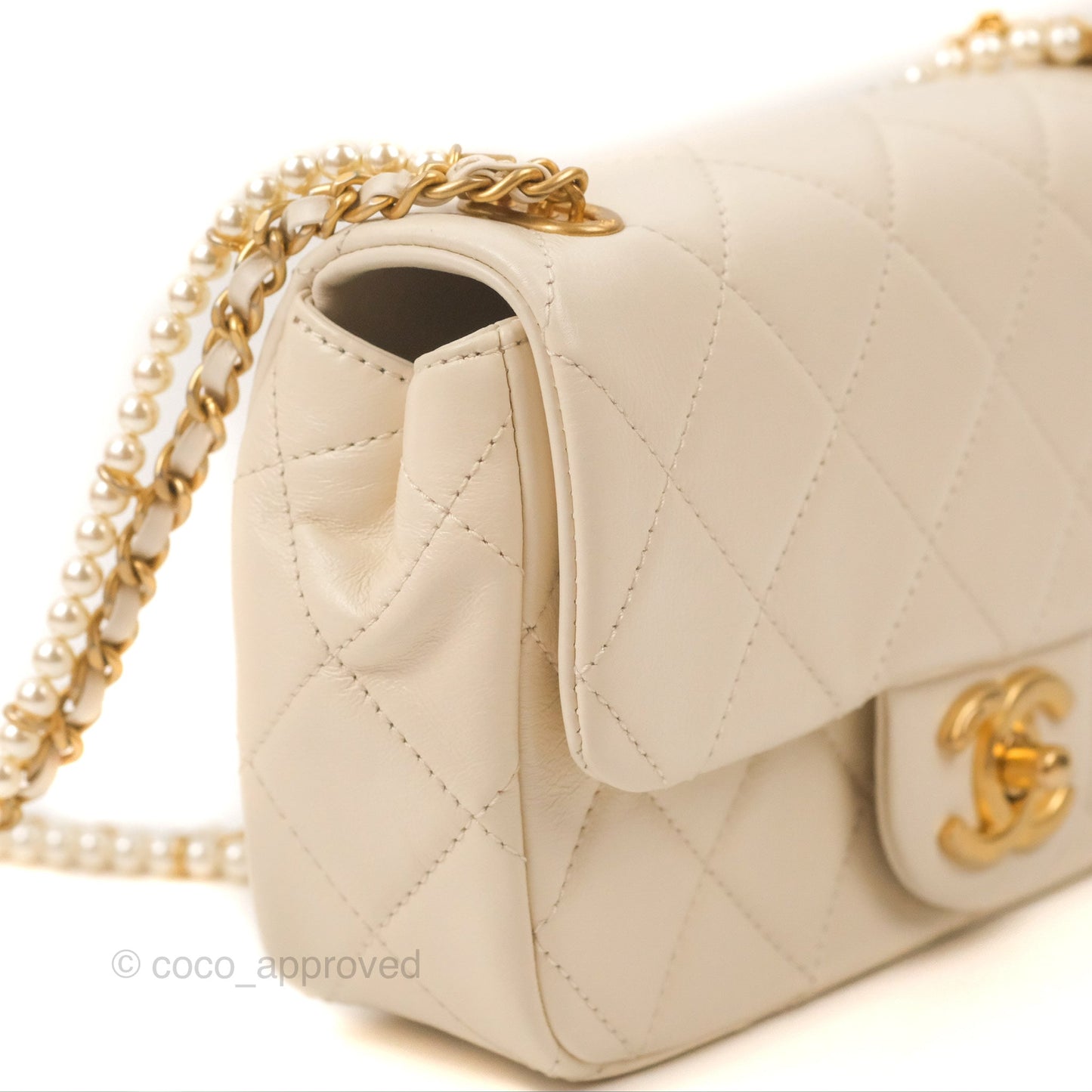Chanel Mini Rectangular With Pearl Strap Quilted White Goatskin Aged Gold Hardware