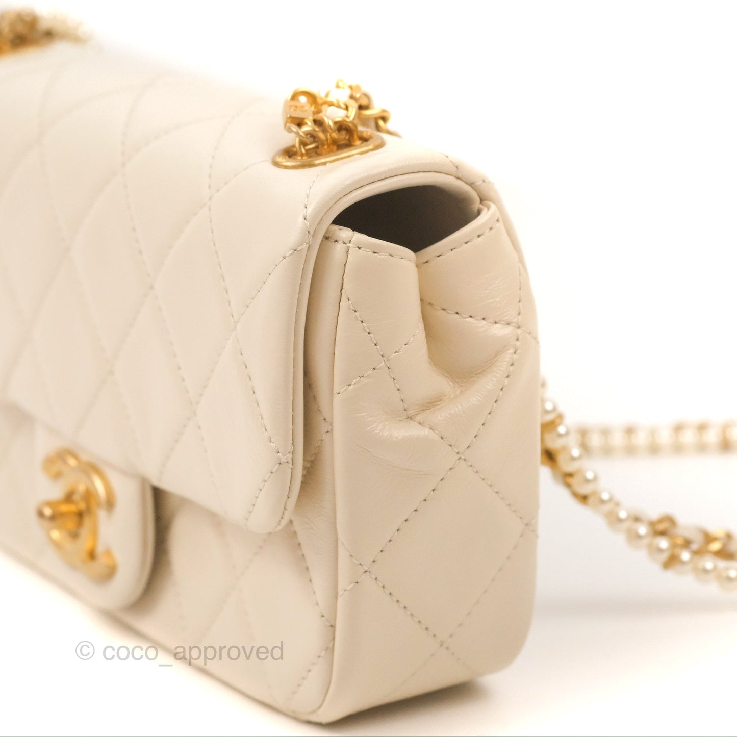 Chanel Mini Rectangular With Pearl Strap Quilted White Goatskin Aged Gold Hardware