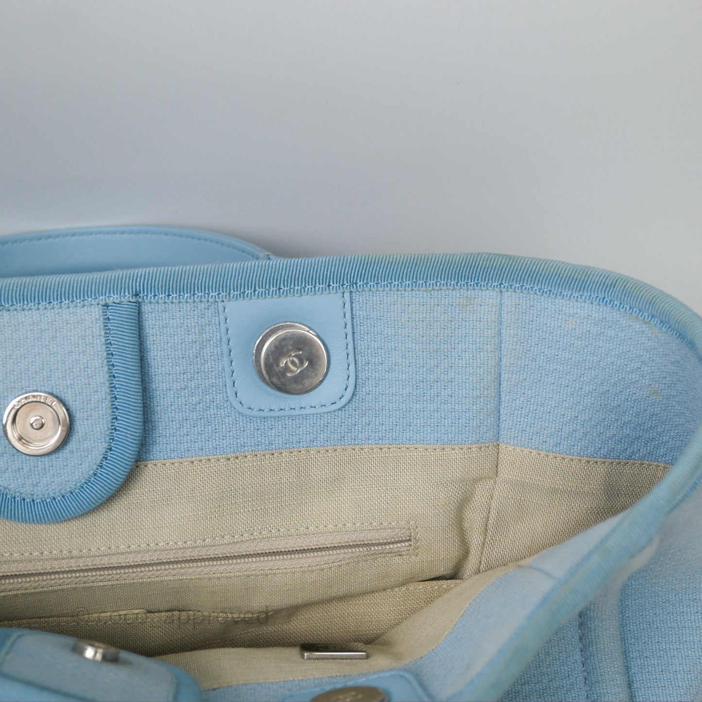 Chanel New Small Deauville Tote Blue Canvas Silver Hardware