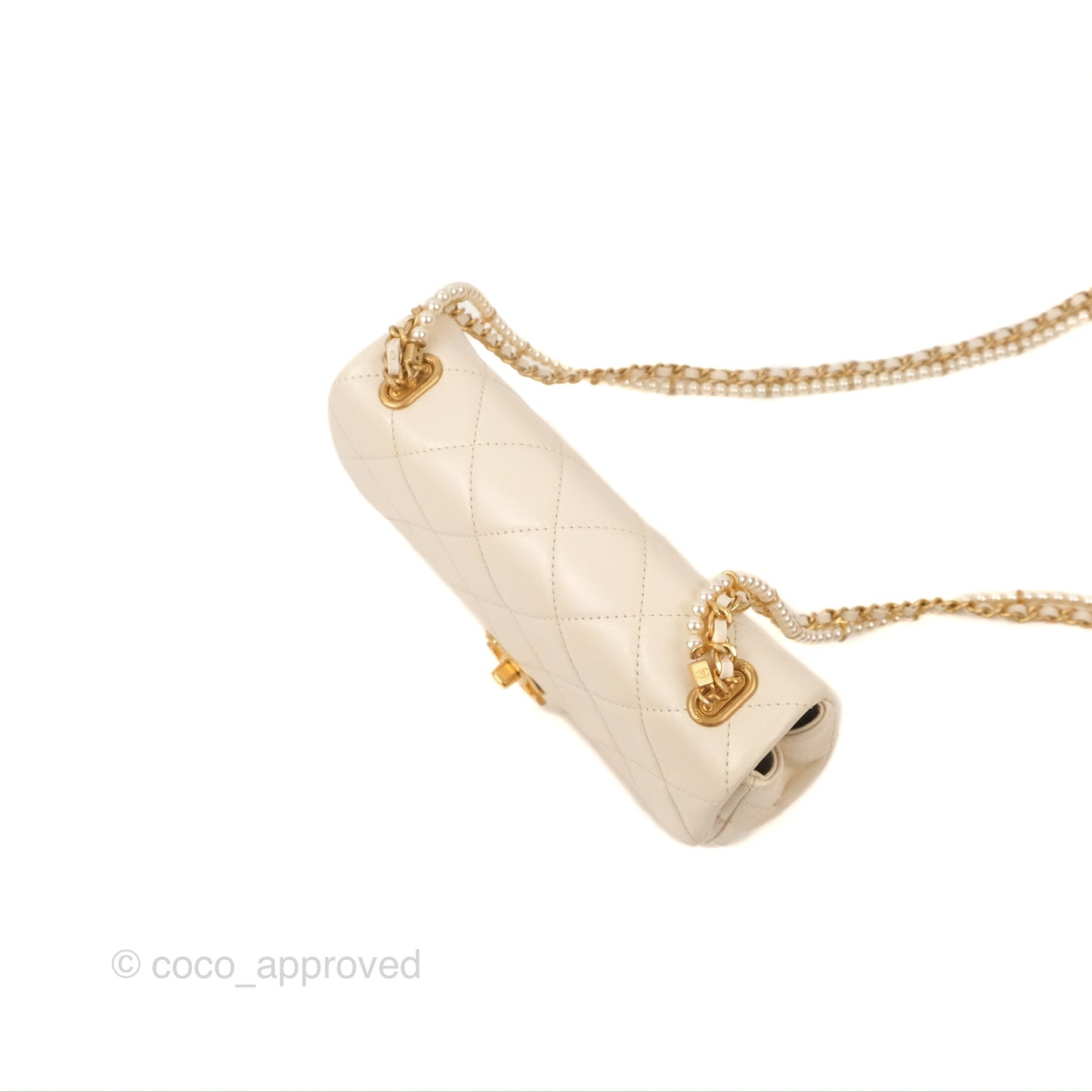 Chanel Mini Rectangular With Pearl Strap Quilted White Goatskin Aged Gold Hardware