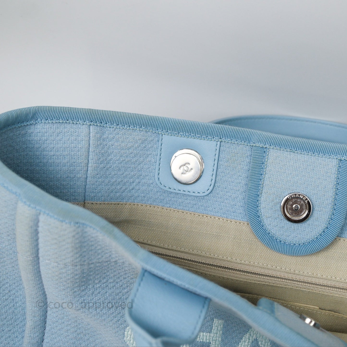 Chanel New Small Deauville Tote Blue Canvas Silver Hardware