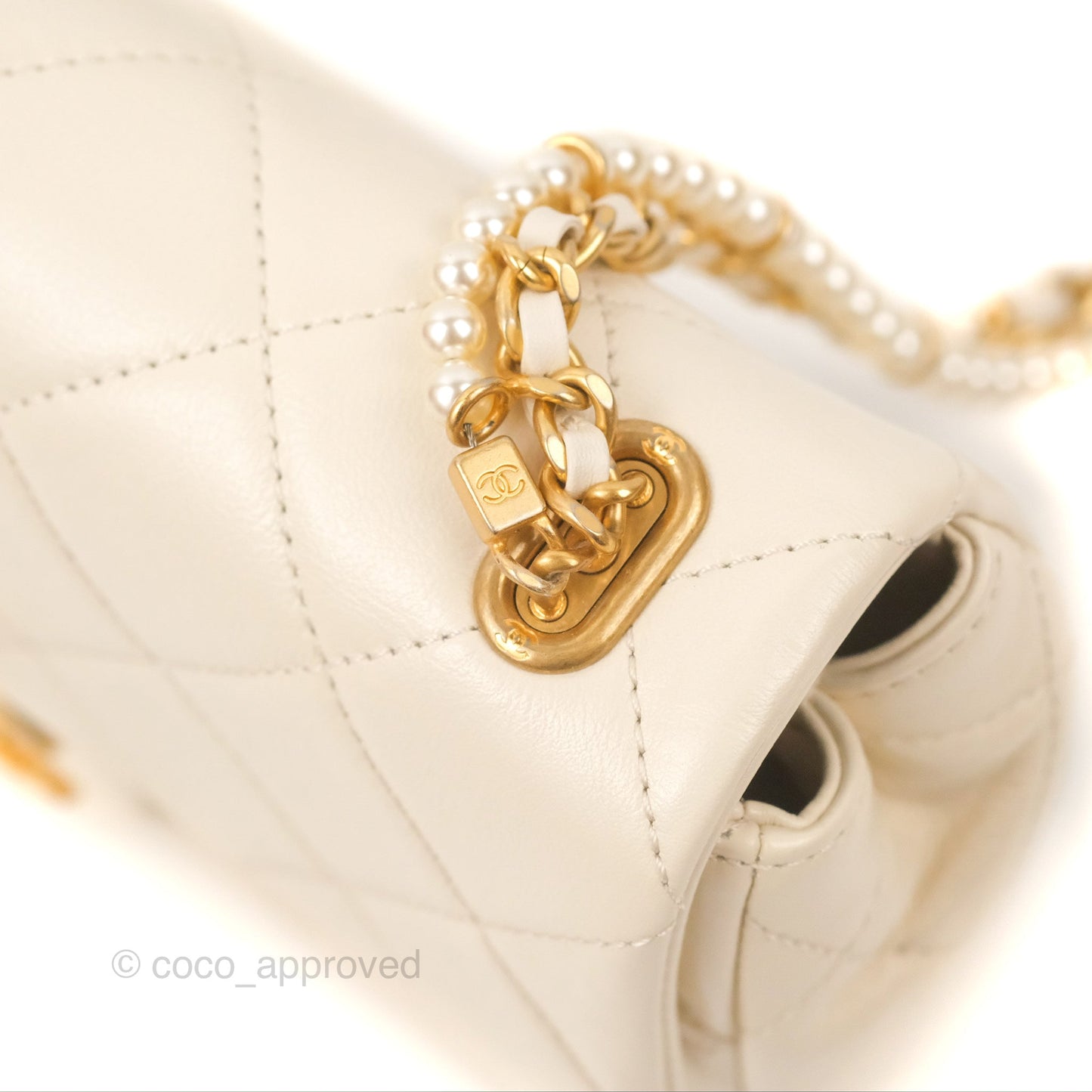 Chanel Mini Rectangular With Pearl Strap Quilted White Goatskin Aged Gold Hardware