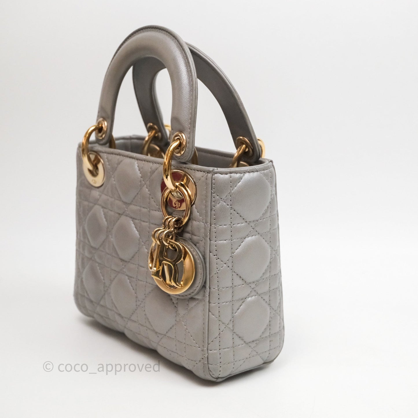 Christian Dior Mini Lady Dior Iridescent Grey Lambskin Cannage Gold Hardware