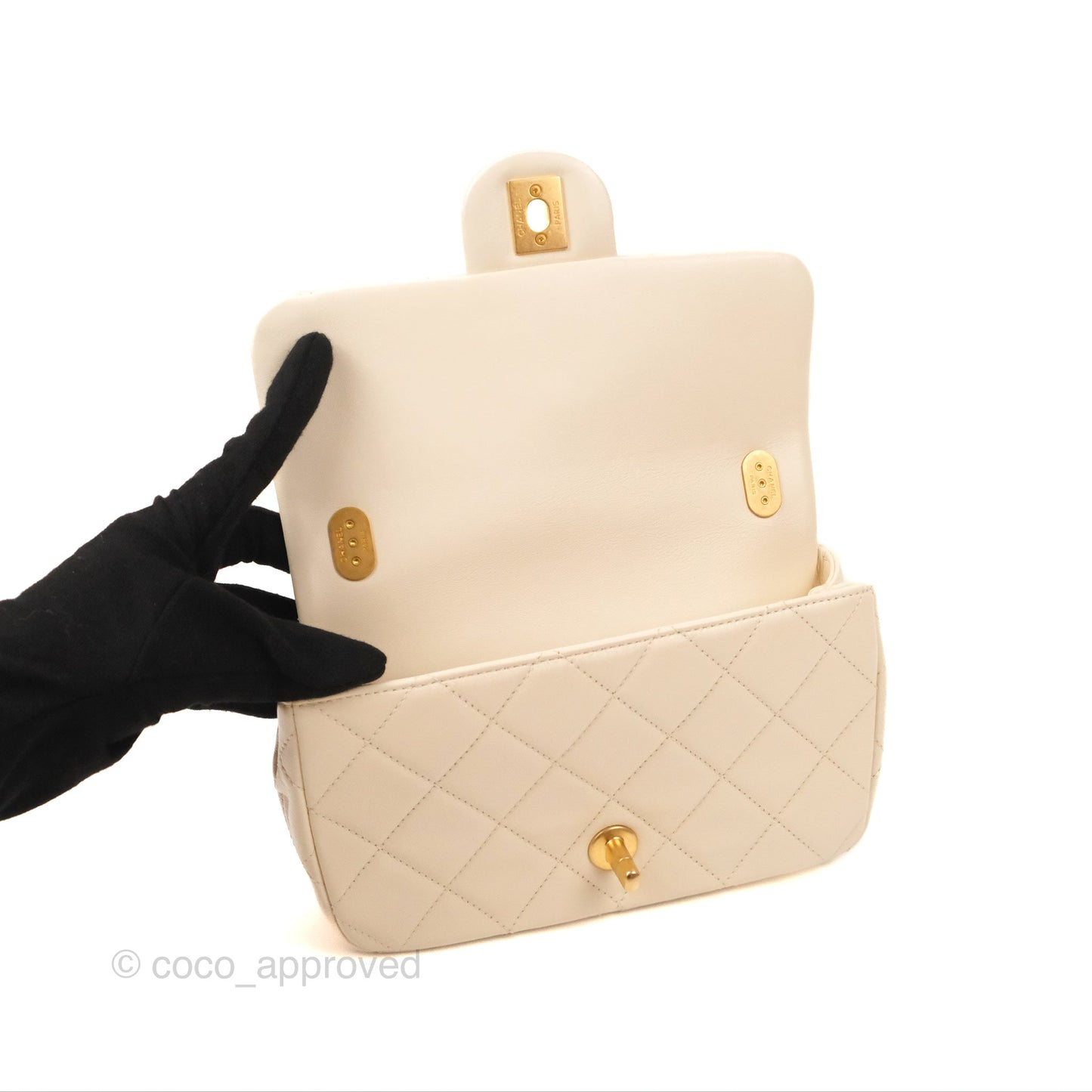 Chanel Mini Rectangular With Pearl Strap Quilted White Goatskin Aged Gold Hardware