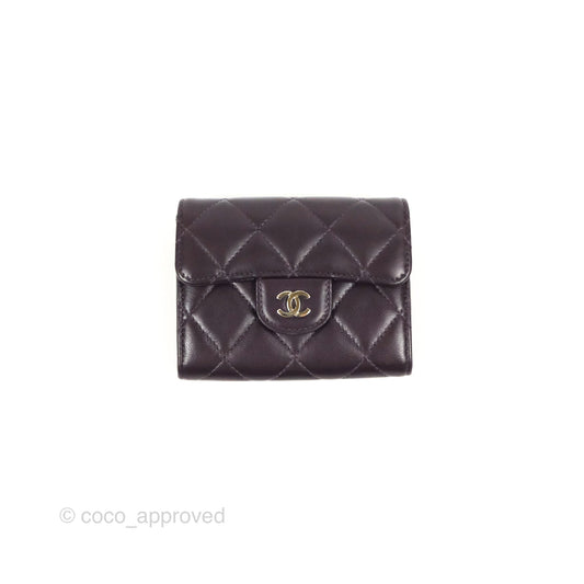 Chanel Classic Flap Coin Purse Dark Purple Lambskin Silver Hardware