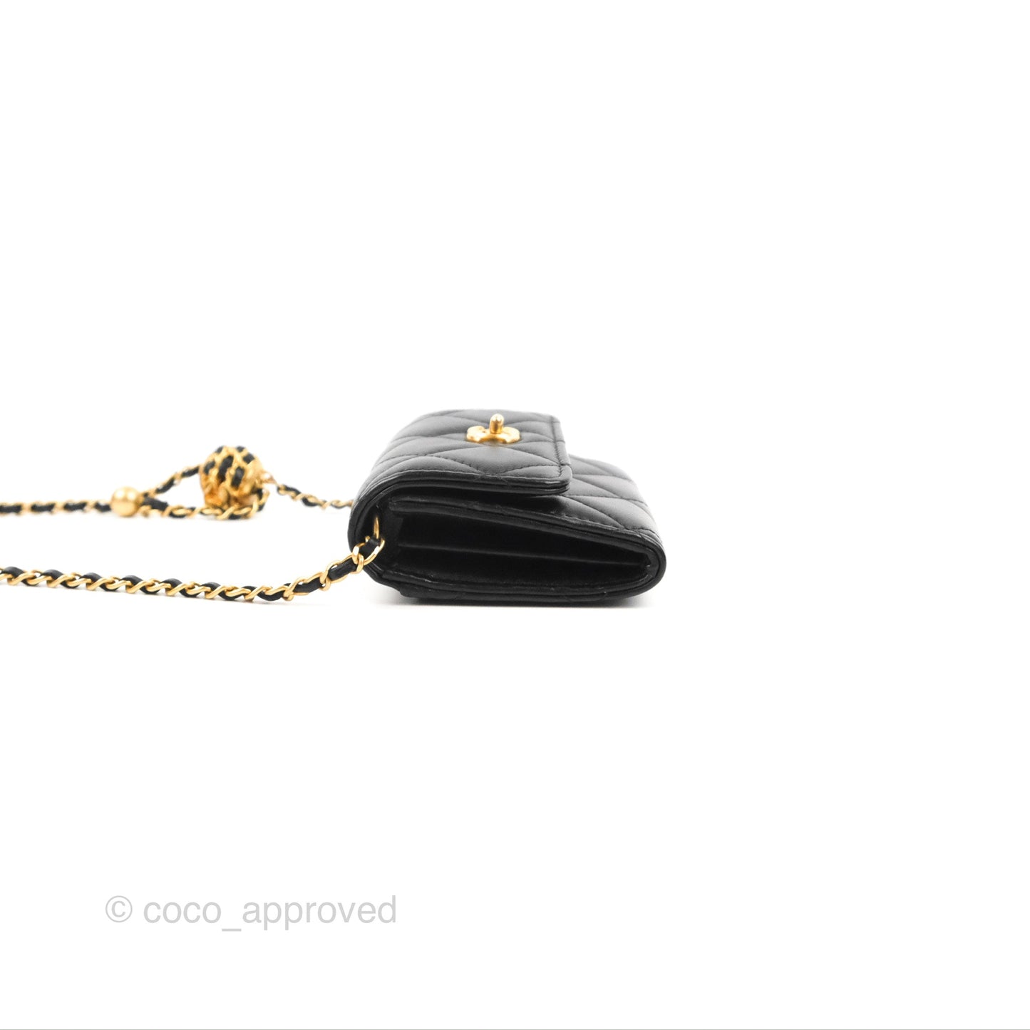 Chanel Pearl Crush Mini Clutch With Chain Black Lambskin Aged Gold Hardware