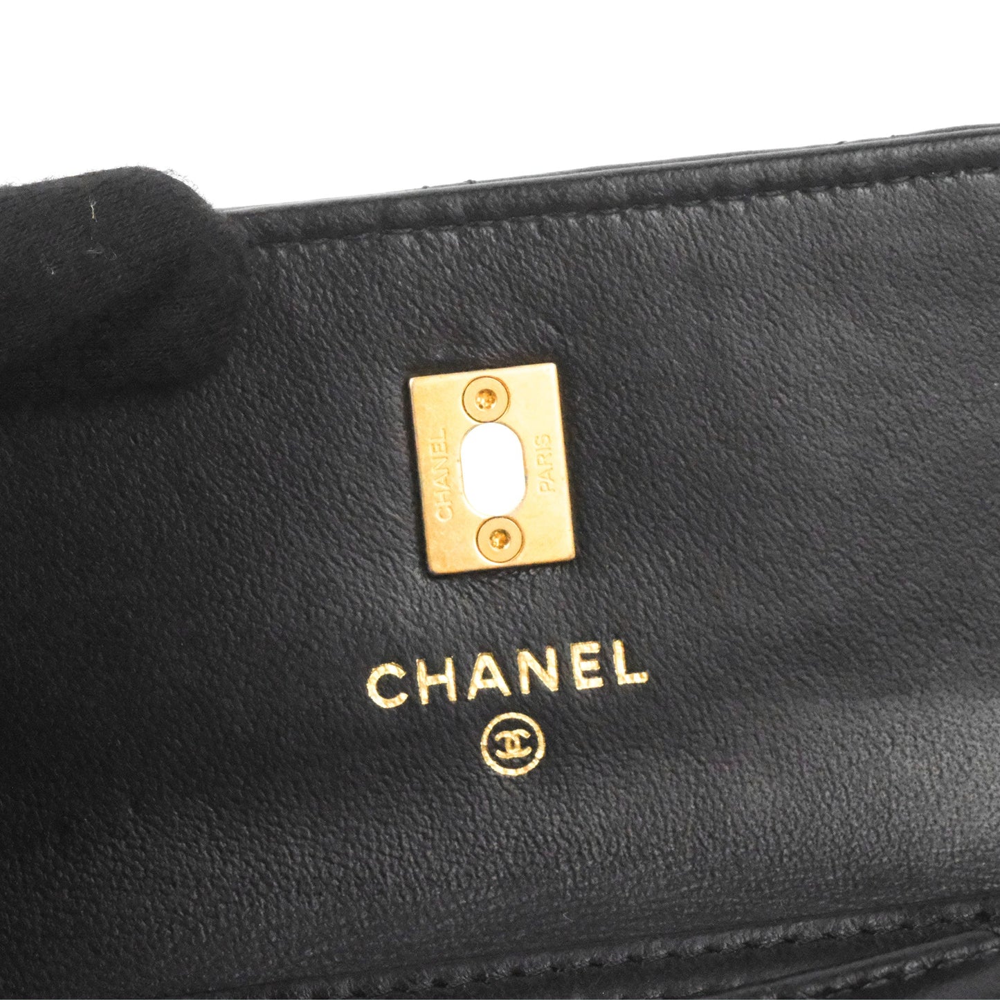 Chanel Pearl Crush Mini Clutch With Chain Black Lambskin Aged Gold Hardware