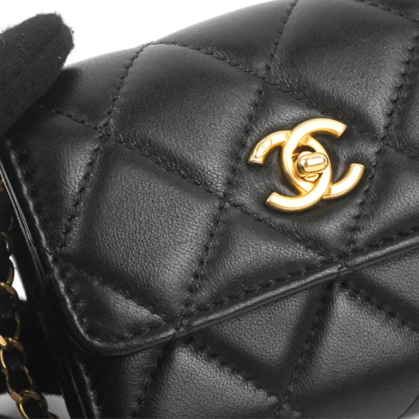 Chanel Pearl Crush Mini Clutch With Chain Black Lambskin Aged Gold Hardware