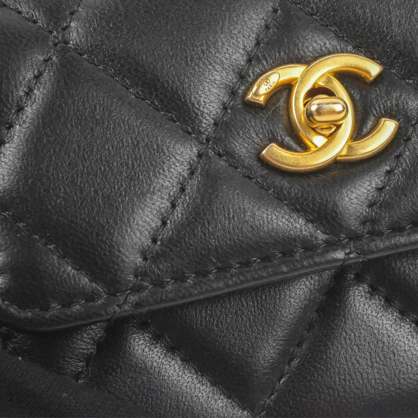 Chanel Pearl Crush Mini Clutch With Chain Black Lambskin Aged Gold Hardware