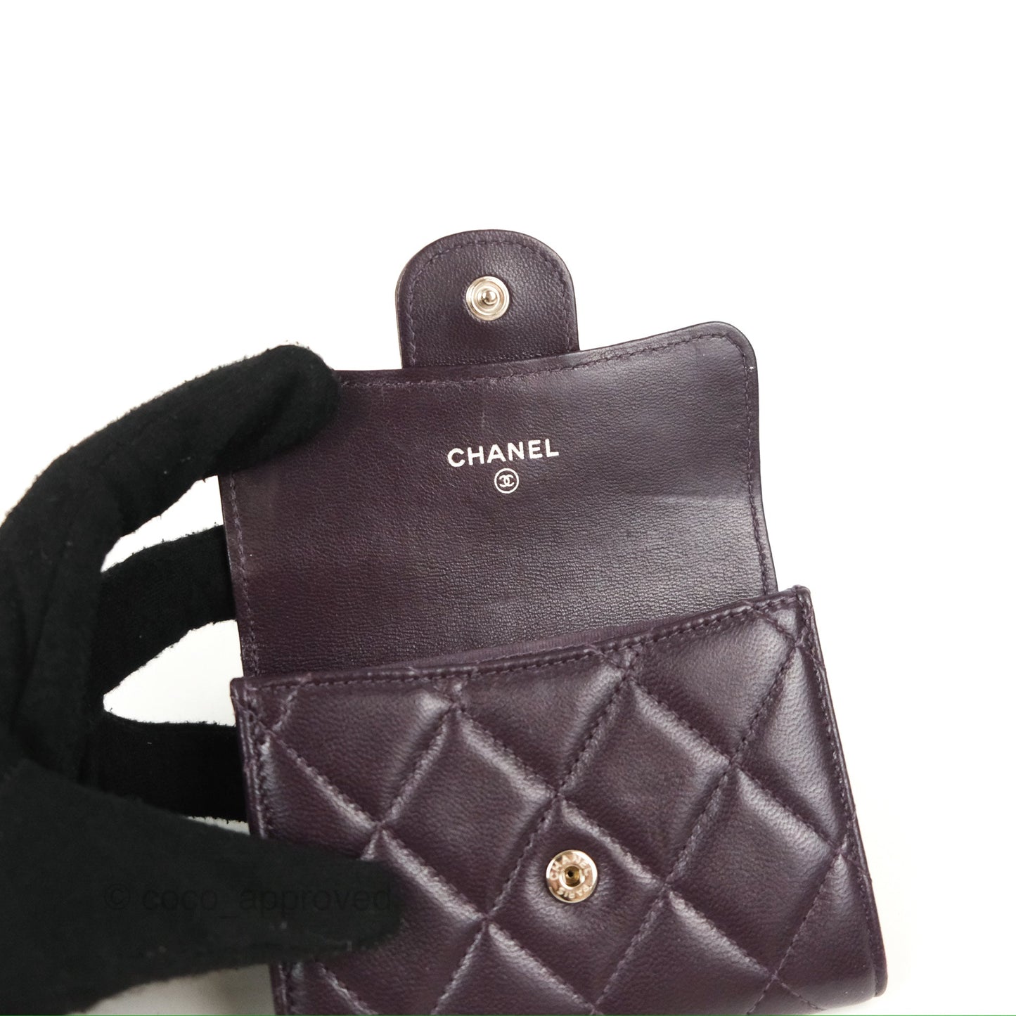 Chanel Classic Flap Coin Purse Dark Purple Lambskin Silver Hardware