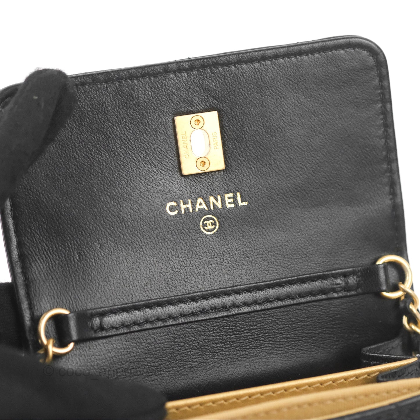 Chanel Pearl Crush Mini Clutch With Chain Black Lambskin Aged Gold Hardware