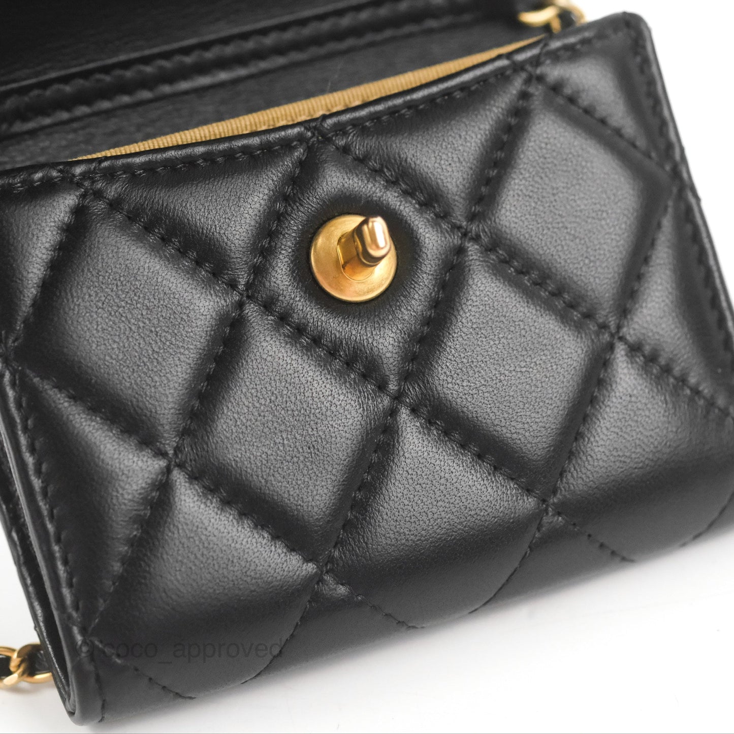 Chanel Pearl Crush Mini Clutch With Chain Black Lambskin Aged Gold Hardware