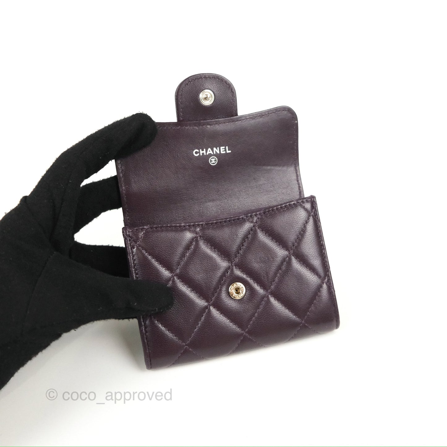 Chanel Classic Flap Coin Purse Dark Purple Lambskin Silver Hardware
