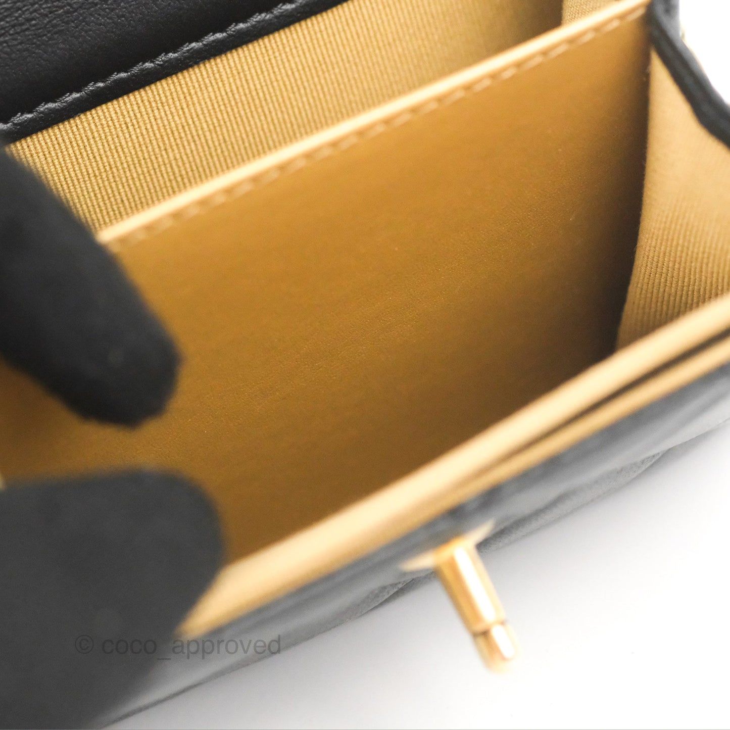 Chanel Pearl Crush Mini Clutch With Chain Black Lambskin Aged Gold Hardware