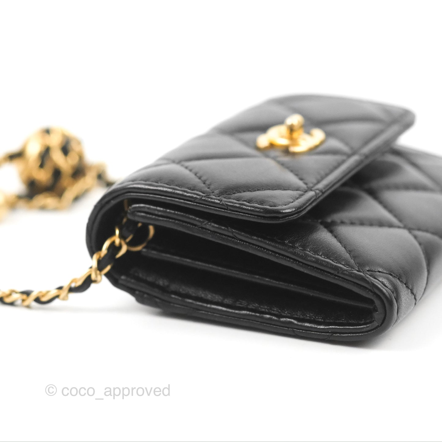 Chanel Pearl Crush Mini Clutch With Chain Black Lambskin Aged Gold Hardware