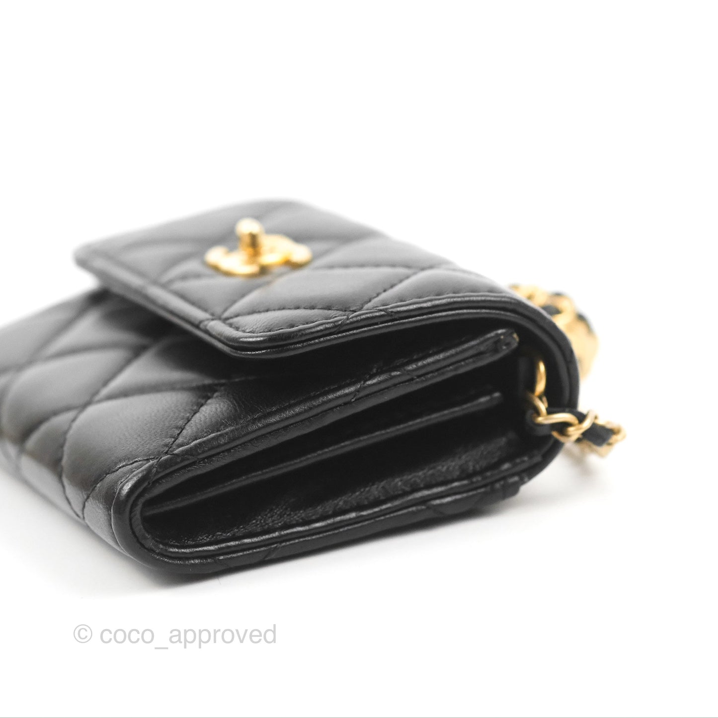 Chanel Pearl Crush Mini Clutch With Chain Black Lambskin Aged Gold Hardware