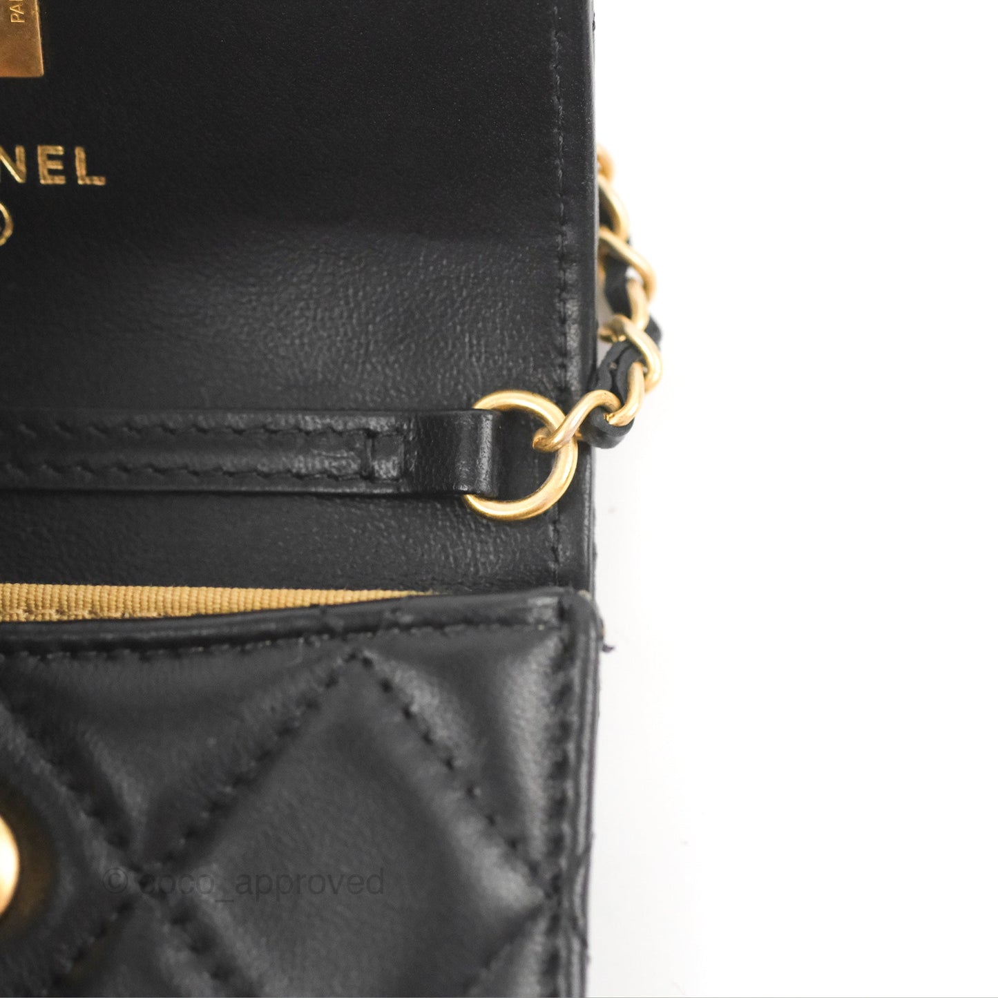 Chanel Pearl Crush Mini Clutch With Chain Black Lambskin Aged Gold Hardware