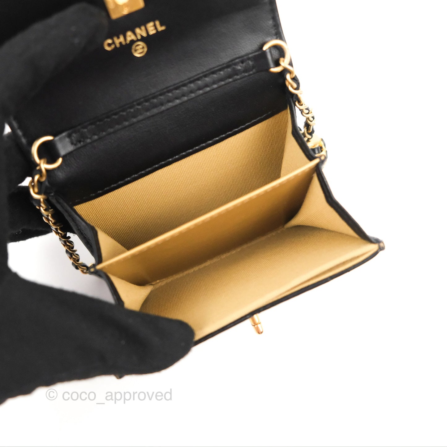 Chanel Pearl Crush Mini Clutch With Chain Black Lambskin Aged Gold Hardware
