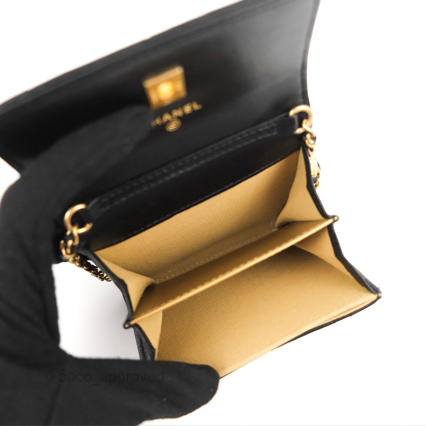 Chanel Pearl Crush Mini Clutch With Chain Black Lambskin Aged Gold Hardware
