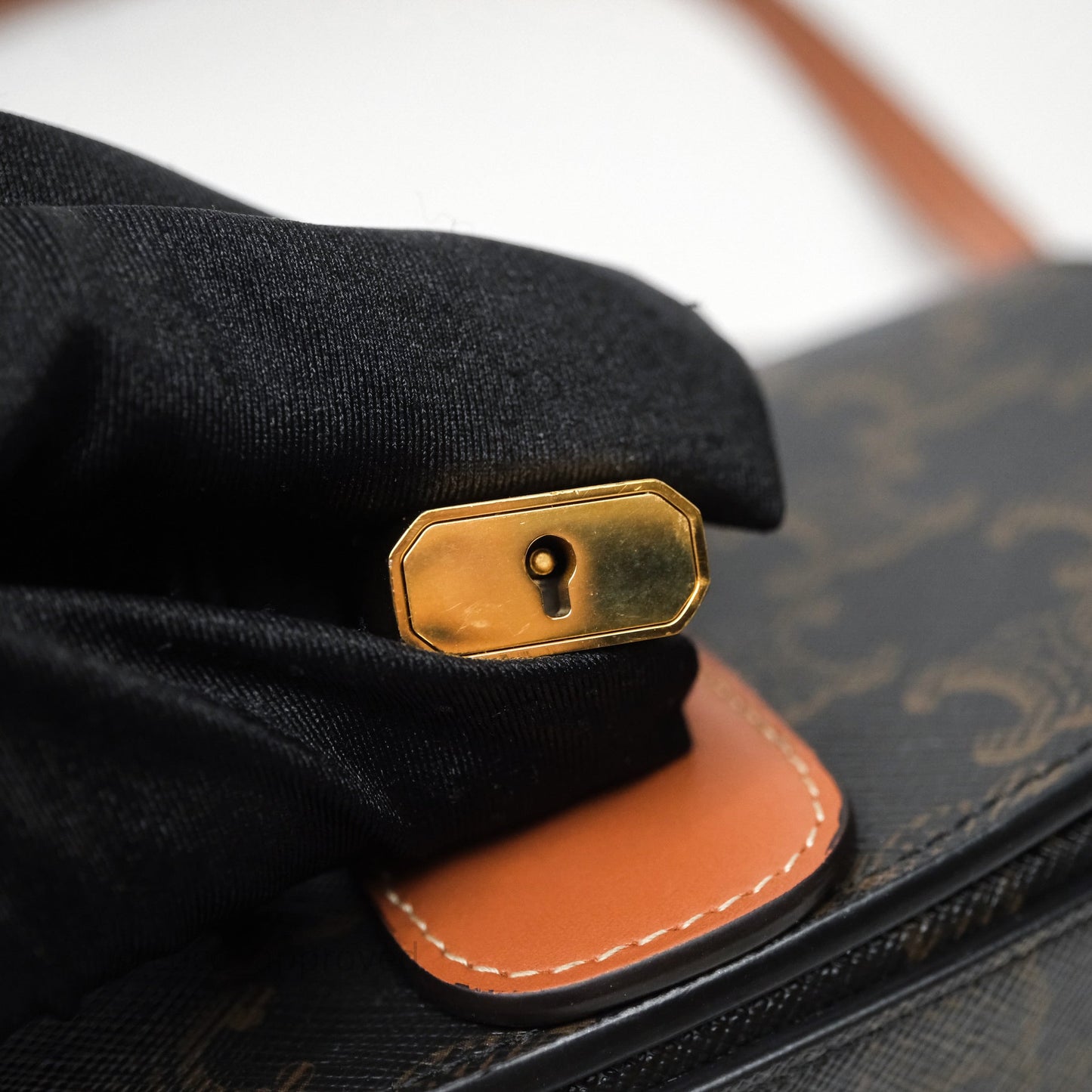 Celine Clutch on Strap Tabou Triomphe Canvas Tan Calfskin