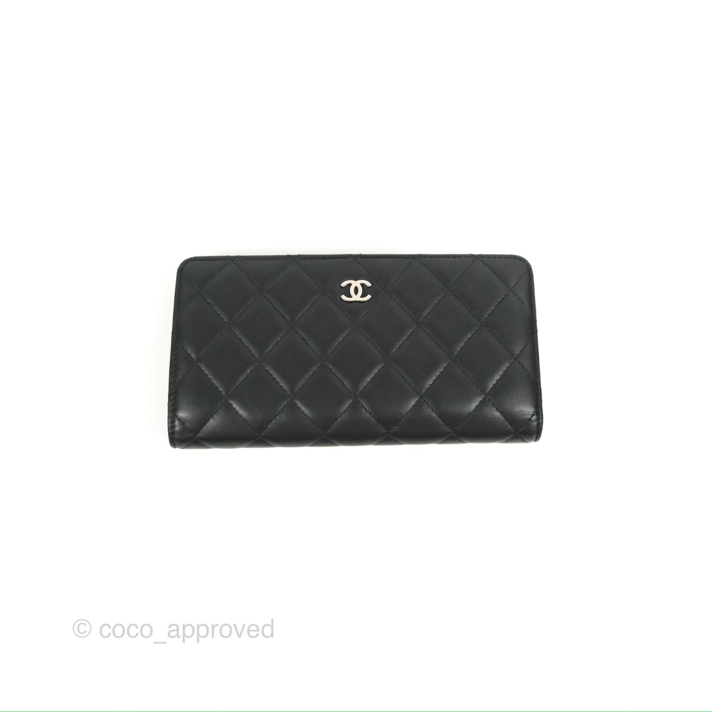 Chanel Classic Quilted Long Wallet Black Lambskin Silver Hardware