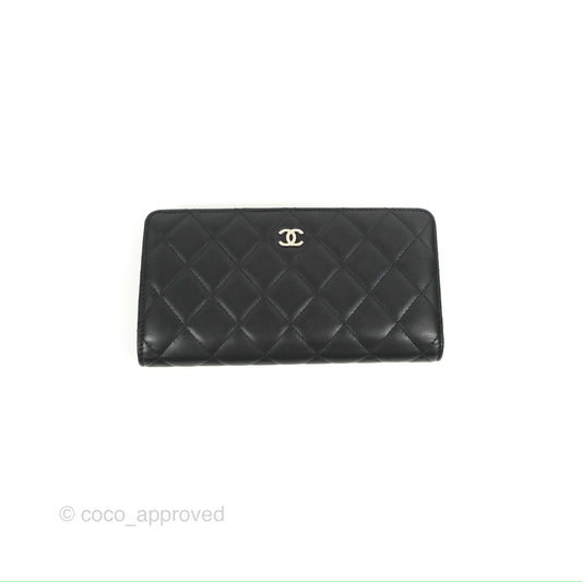 Chanel Classic Quilted Long Wallet Black Lambskin Silver Hardware