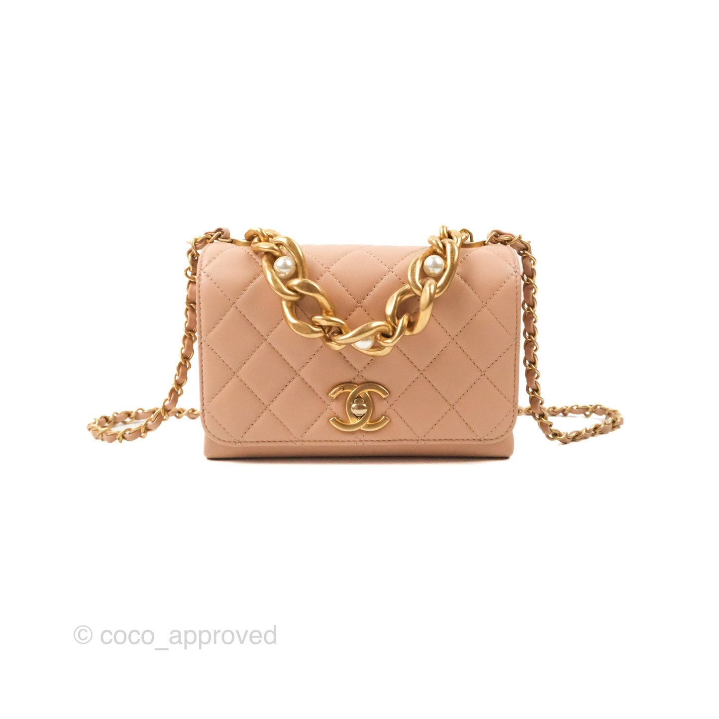 Chanel Pearl Chain Bag Nude Pink Calfskin Aged Gold Hardware