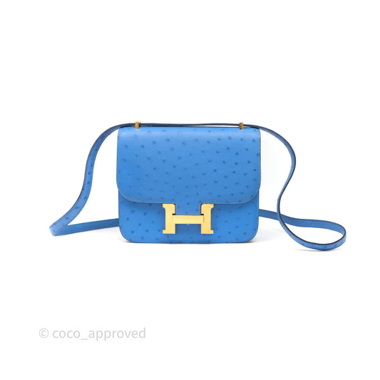 Hermes Mini Constance Ostrich Blue Bleuet O7 Gold Hardware