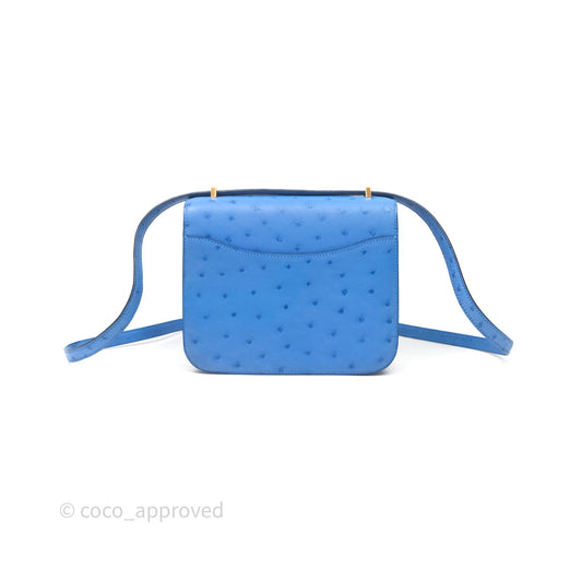 Hermes Mini Constance Ostrich Blue Bleuet O7 Gold Hardware