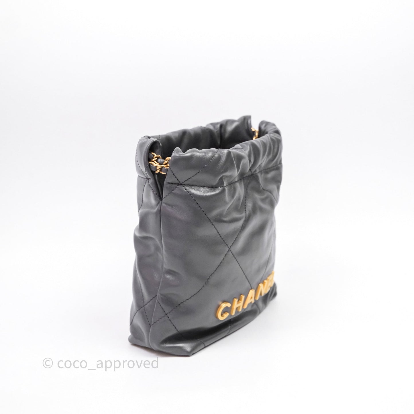 Chanel 22 Mini Bag Dark Grey Shiny Crumpled Calfskin Aged Gold Hardware