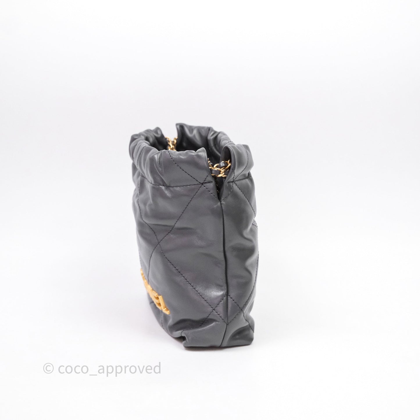 Chanel 22 Mini Bag Dark Grey Shiny Crumpled Calfskin Aged Gold Hardware