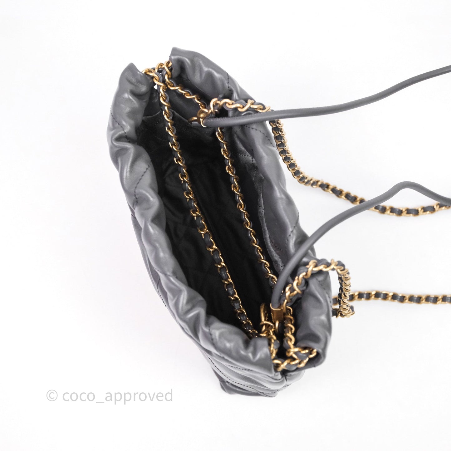 Chanel 22 Mini Bag Dark Grey Shiny Crumpled Calfskin Aged Gold Hardware