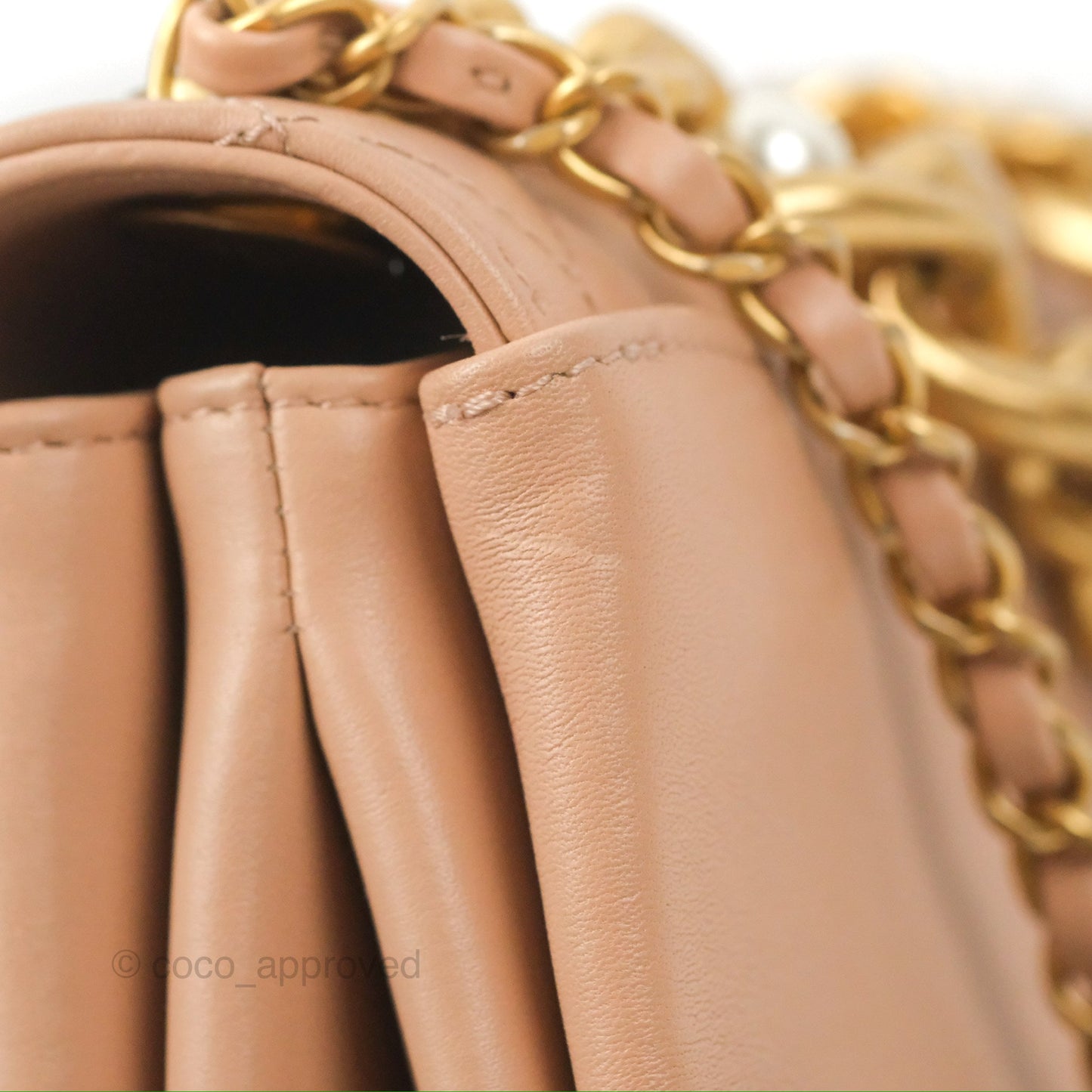 Chanel Pearl Chain Bag Nude Pink Calfskin Aged Gold Hardware
